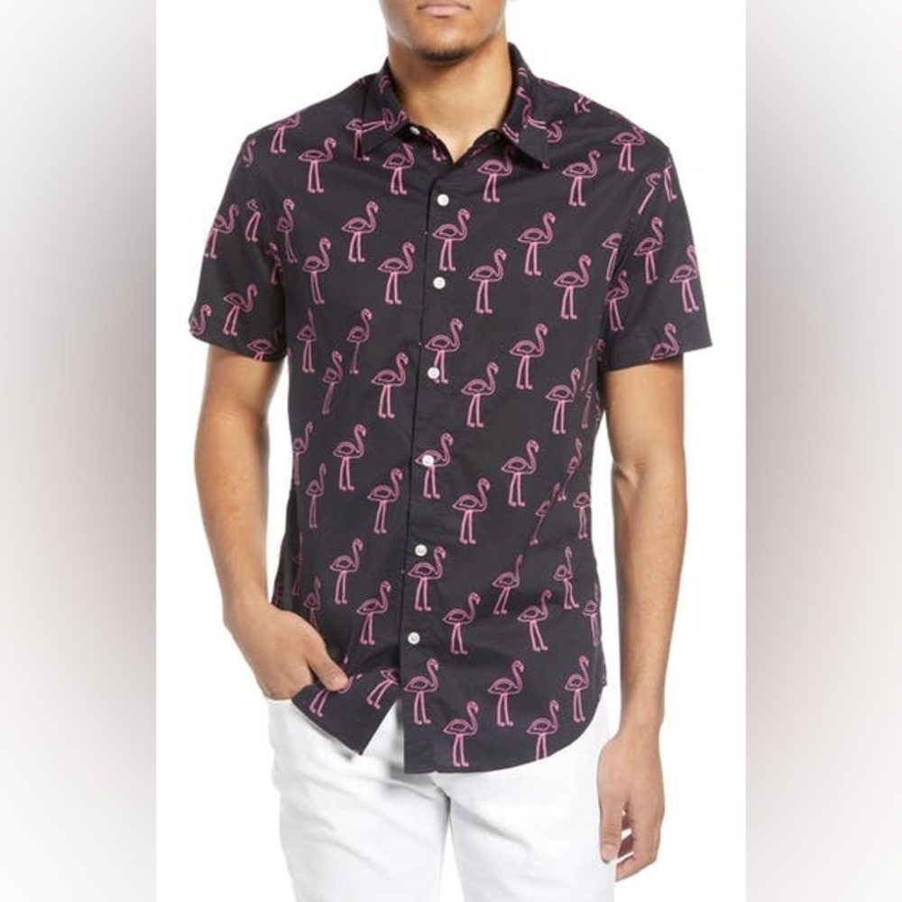 Bonobos SLIM FIT SHORT SLEEVE BUTTON-UP SHIRT FLAMINGO LIGHTS BAREFOOT PINK